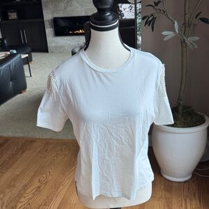 Joie White Short Sleeve Tee with Pearl Shoulder Tassels